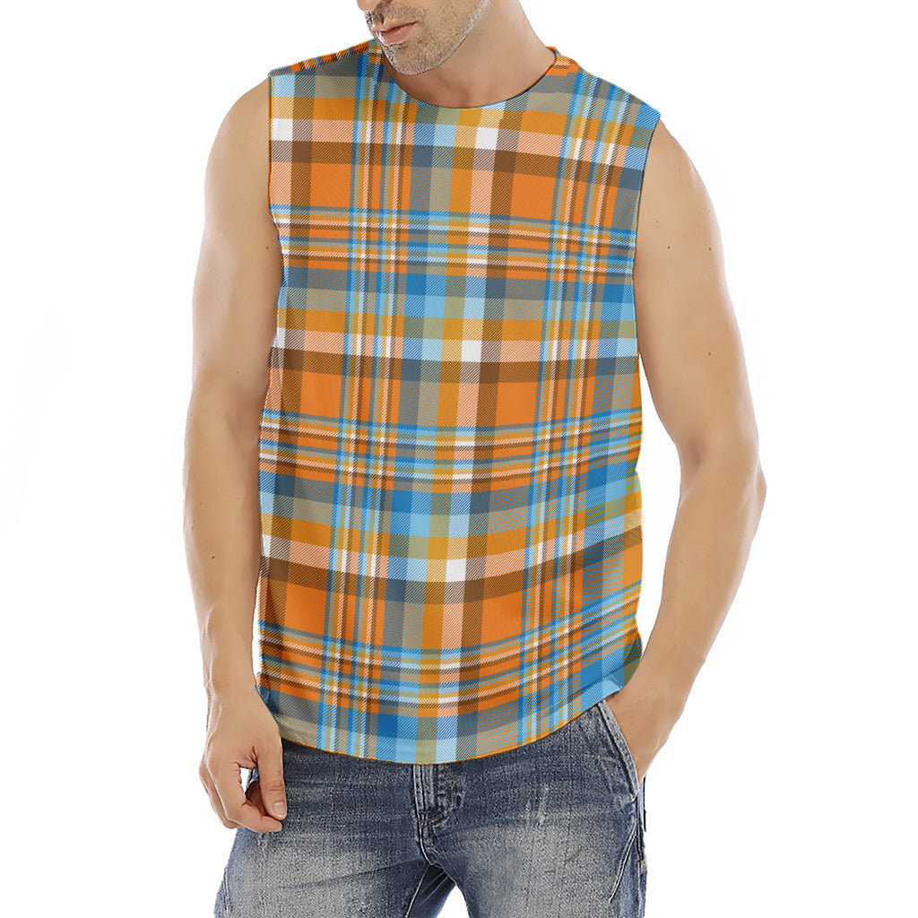 Orange And Blue Madras Pattern Print Men's Fitness Tank Top