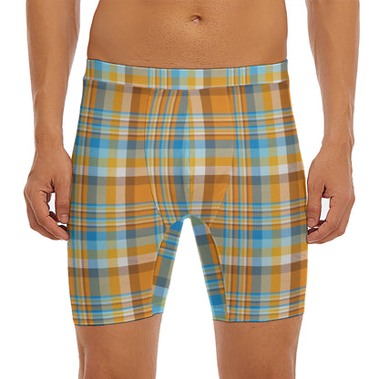 Orange And Blue Madras Pattern Print Men's Long Boxer Briefs