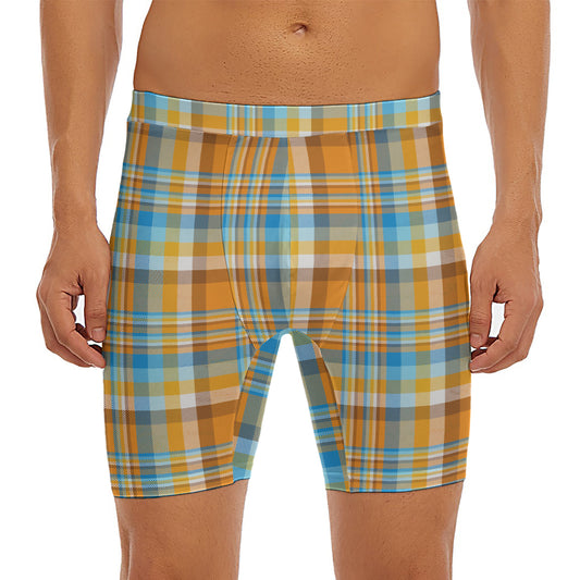 Orange And Blue Madras Pattern Print Men's Long Boxer Briefs