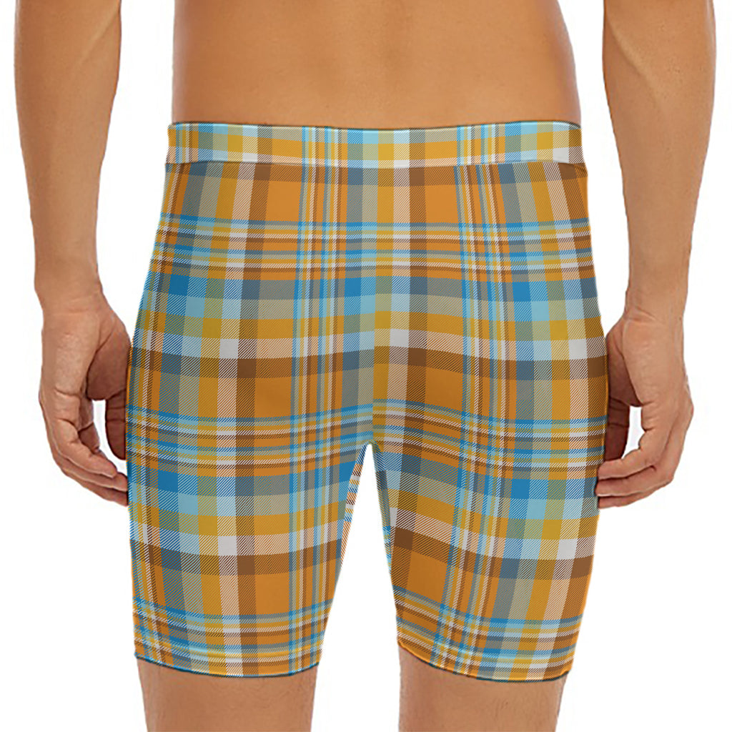 Orange And Blue Madras Pattern Print Men's Long Boxer Briefs
