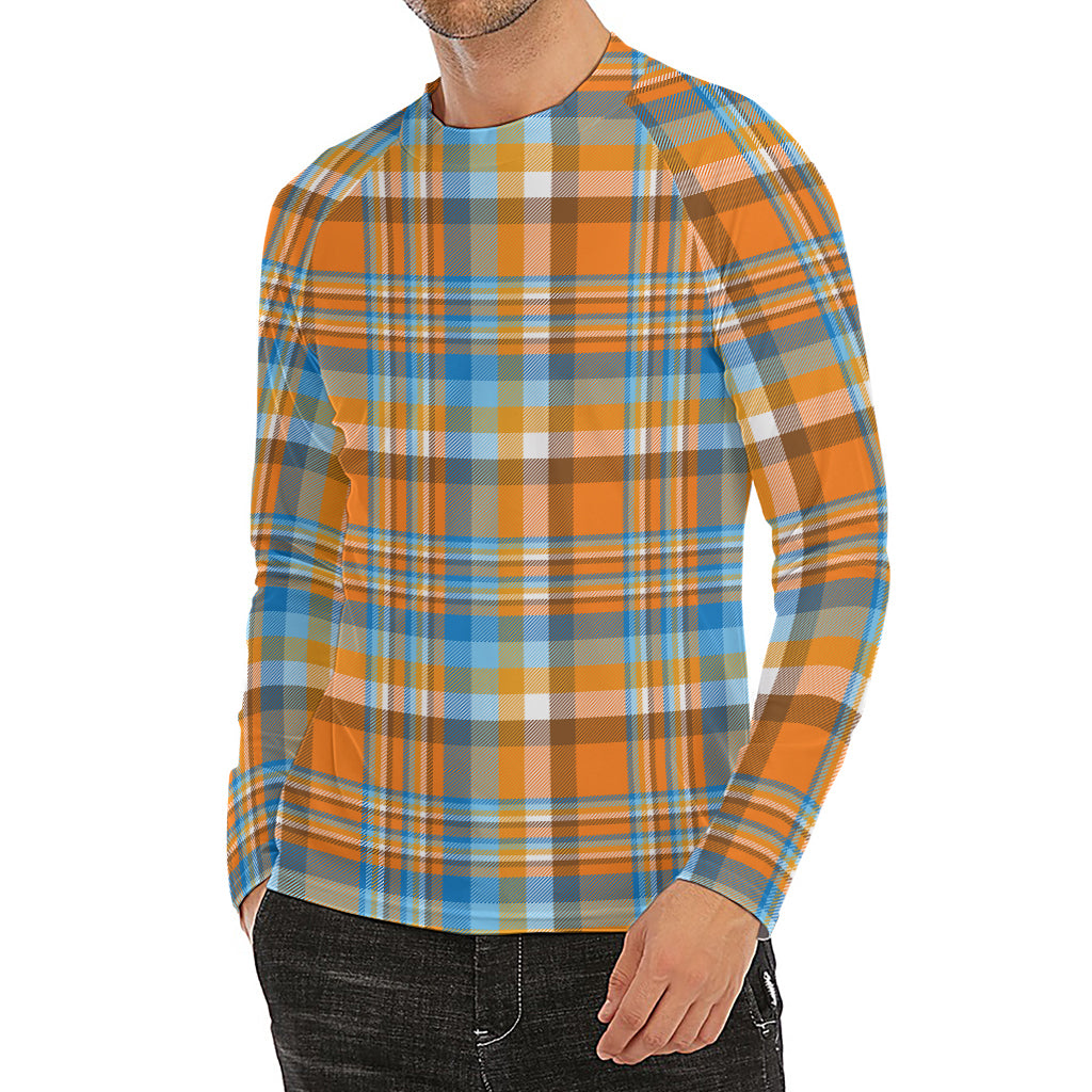 Orange And Blue Madras Pattern Print Men's Long Sleeve Rash Guard