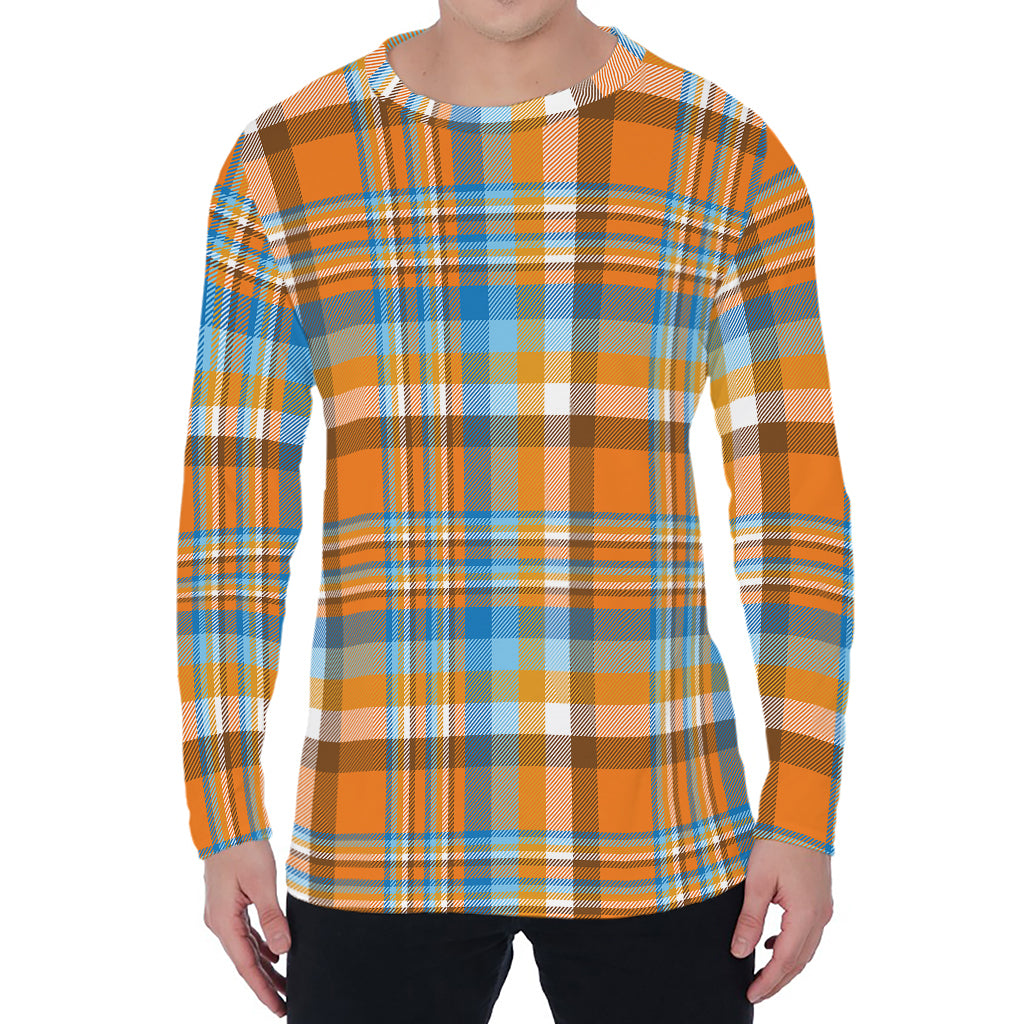 Orange And Blue Madras Pattern Print Men's Long Sleeve T-Shirt