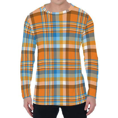 Orange And Blue Madras Pattern Print Men's Long Sleeve T-Shirt