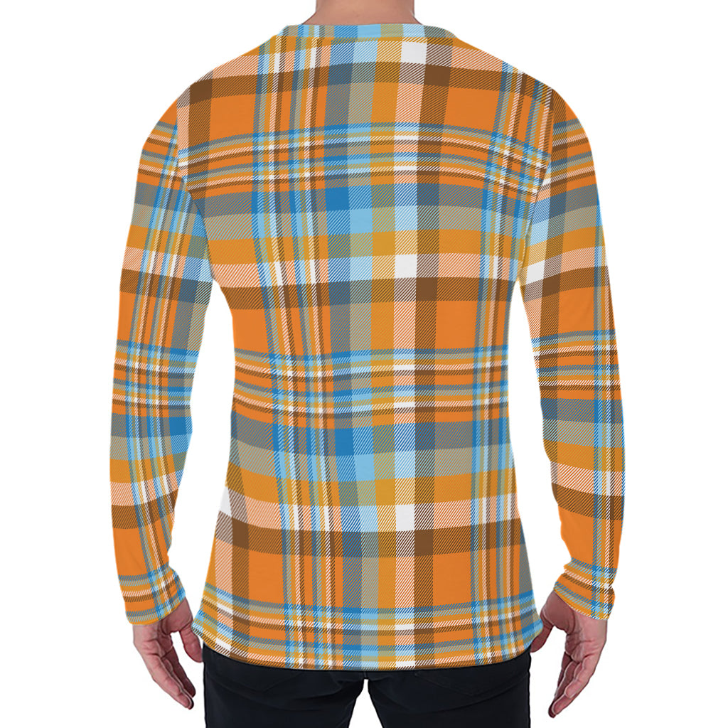 Orange And Blue Madras Pattern Print Men's Long Sleeve T-Shirt