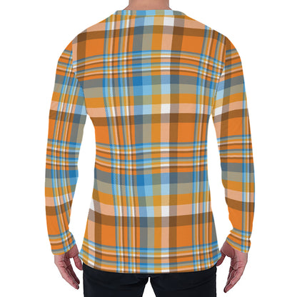 Orange And Blue Madras Pattern Print Men's Long Sleeve T-Shirt