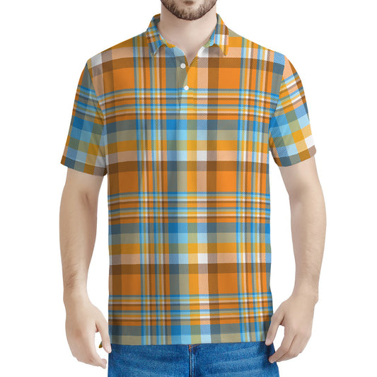 Orange And Blue Madras Pattern Print Men's Polo Shirt