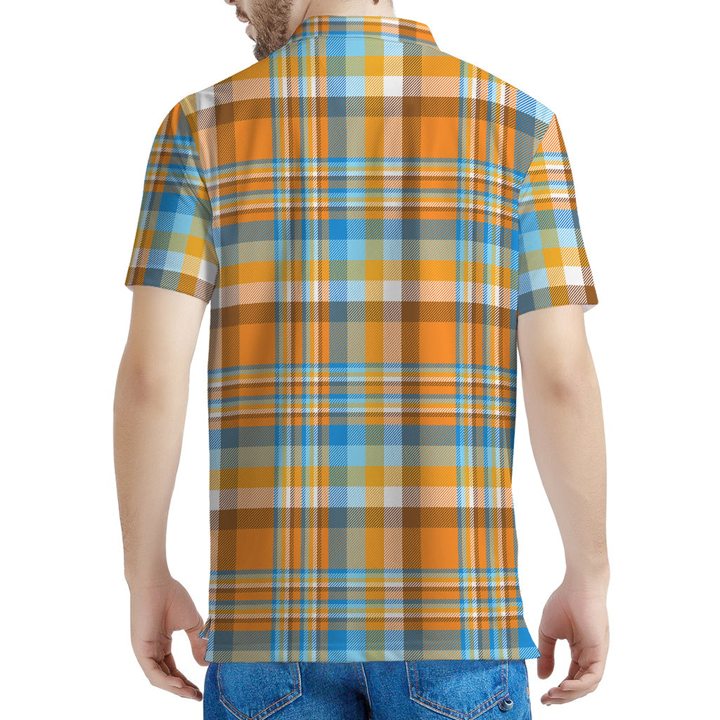 Orange And Blue Madras Pattern Print Men's Polo Shirt