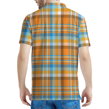 Orange And Blue Madras Pattern Print Men's Polo Shirt