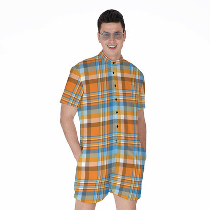 Orange And Blue Madras Pattern Print Men's Rompers