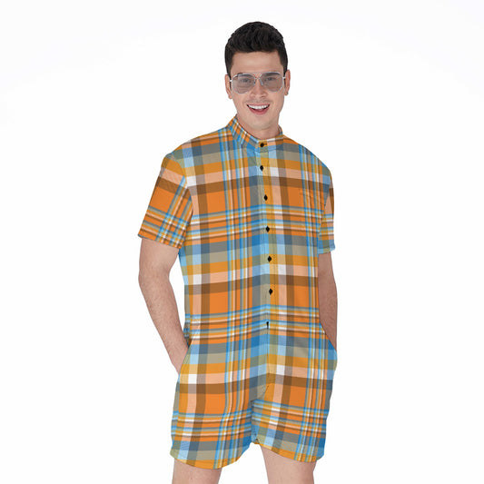 Orange And Blue Madras Pattern Print Men's Rompers