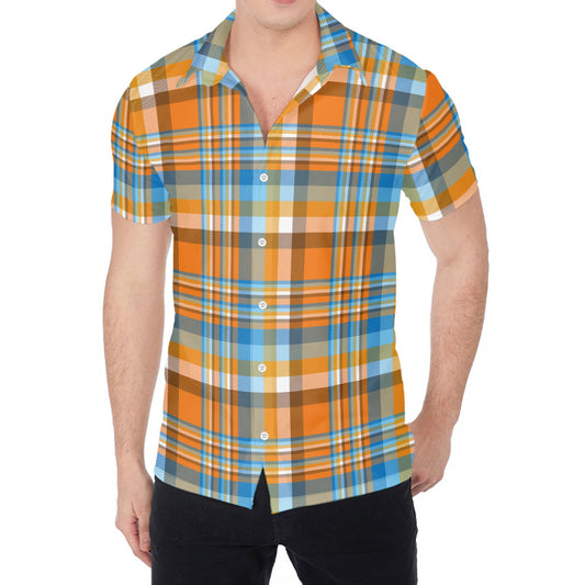 Orange And Blue Madras Pattern Print Men's Shirt