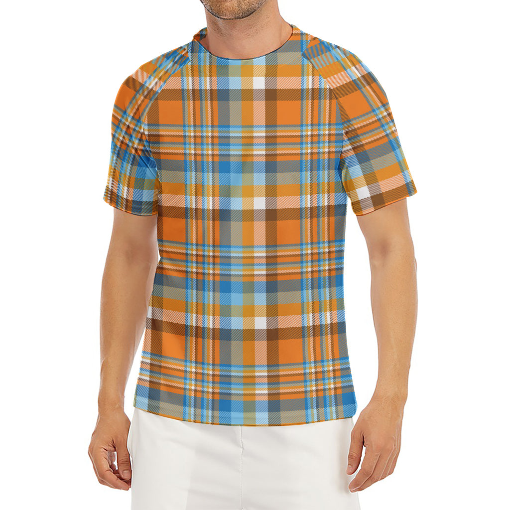 Orange And Blue Madras Pattern Print Men's Short Sleeve Rash Guard