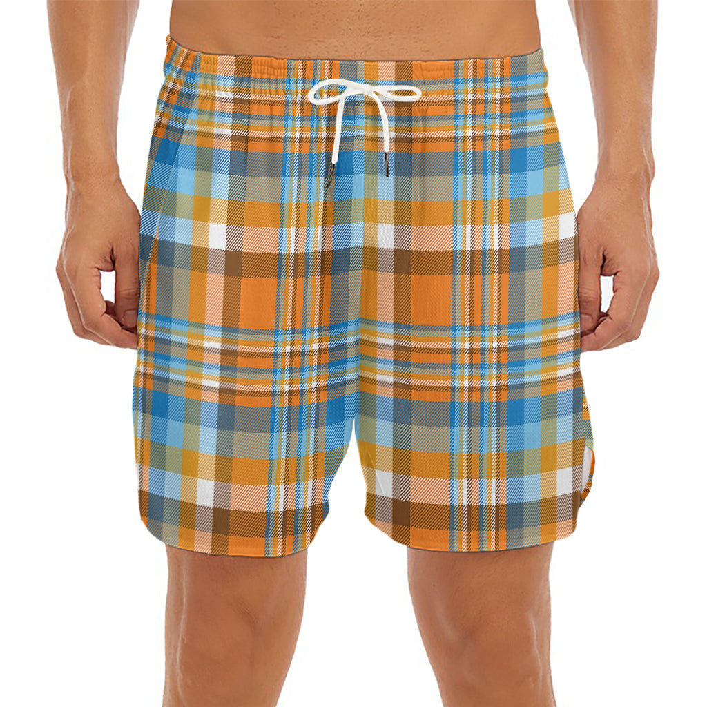 Orange And Blue Madras Pattern Print Men's Split Running Shorts