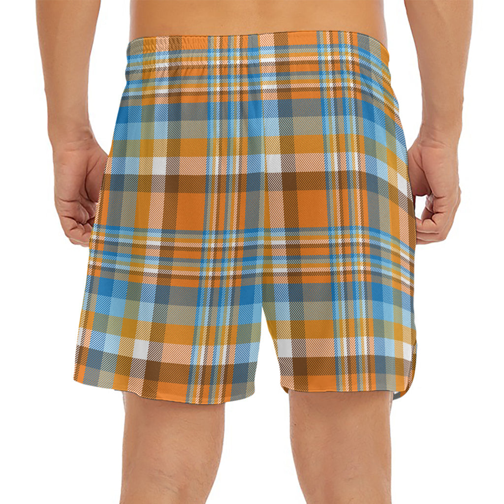 Orange And Blue Madras Pattern Print Men's Split Running Shorts