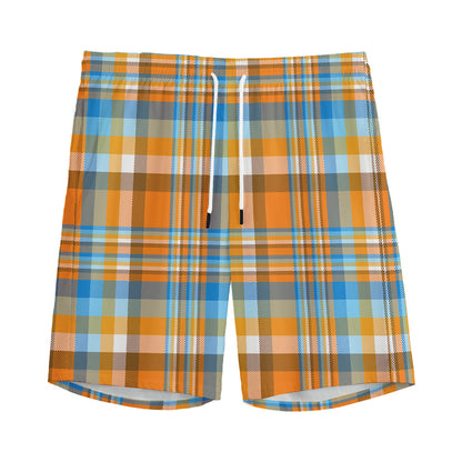 Orange And Blue Madras Pattern Print Men's Sports Shorts