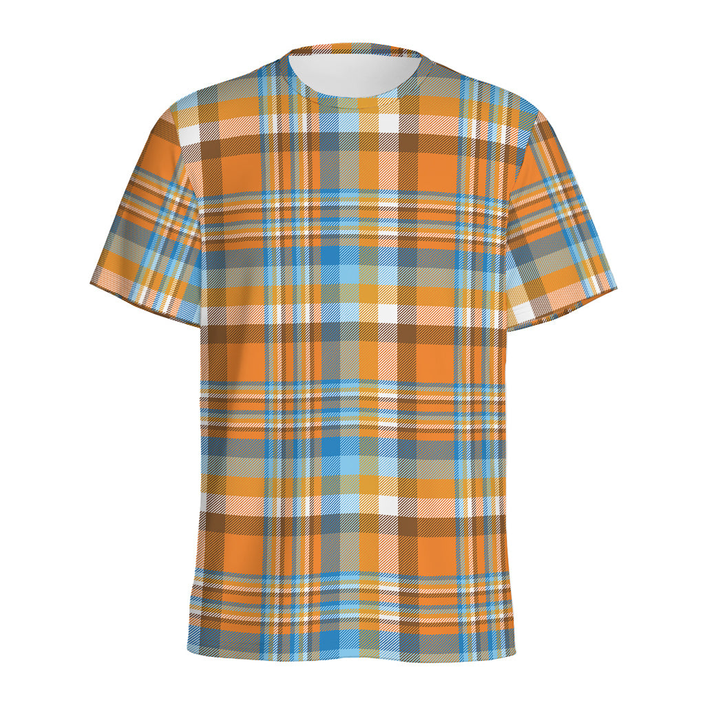 Orange And Blue Madras Pattern Print Men's Sports T-Shirt