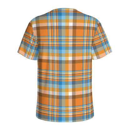 Orange And Blue Madras Pattern Print Men's Sports T-Shirt