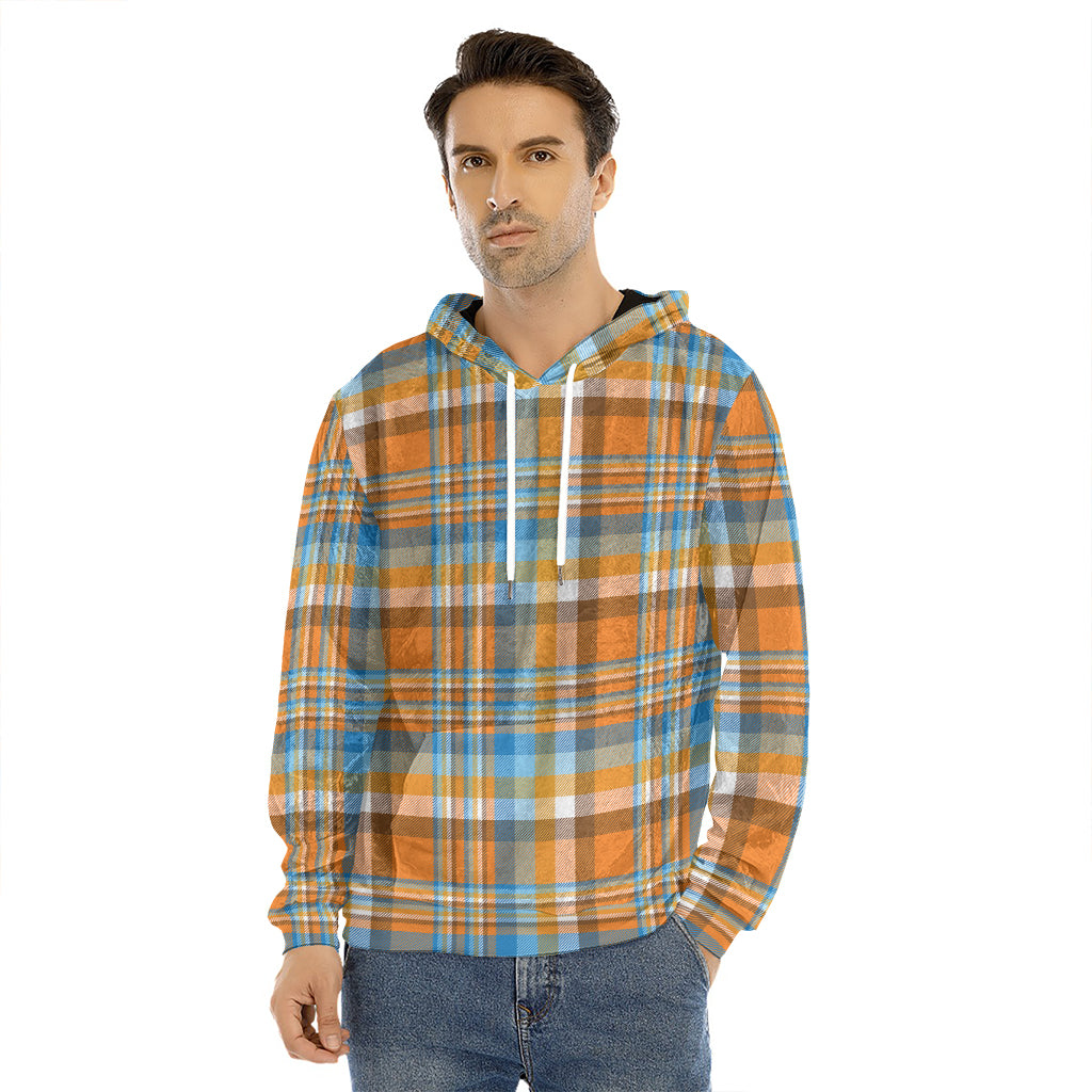 Orange And Blue Madras Pattern Print Men's Velvet Pullover Hoodie