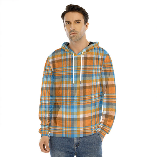 Orange And Blue Madras Pattern Print Men's Velvet Pullover Hoodie