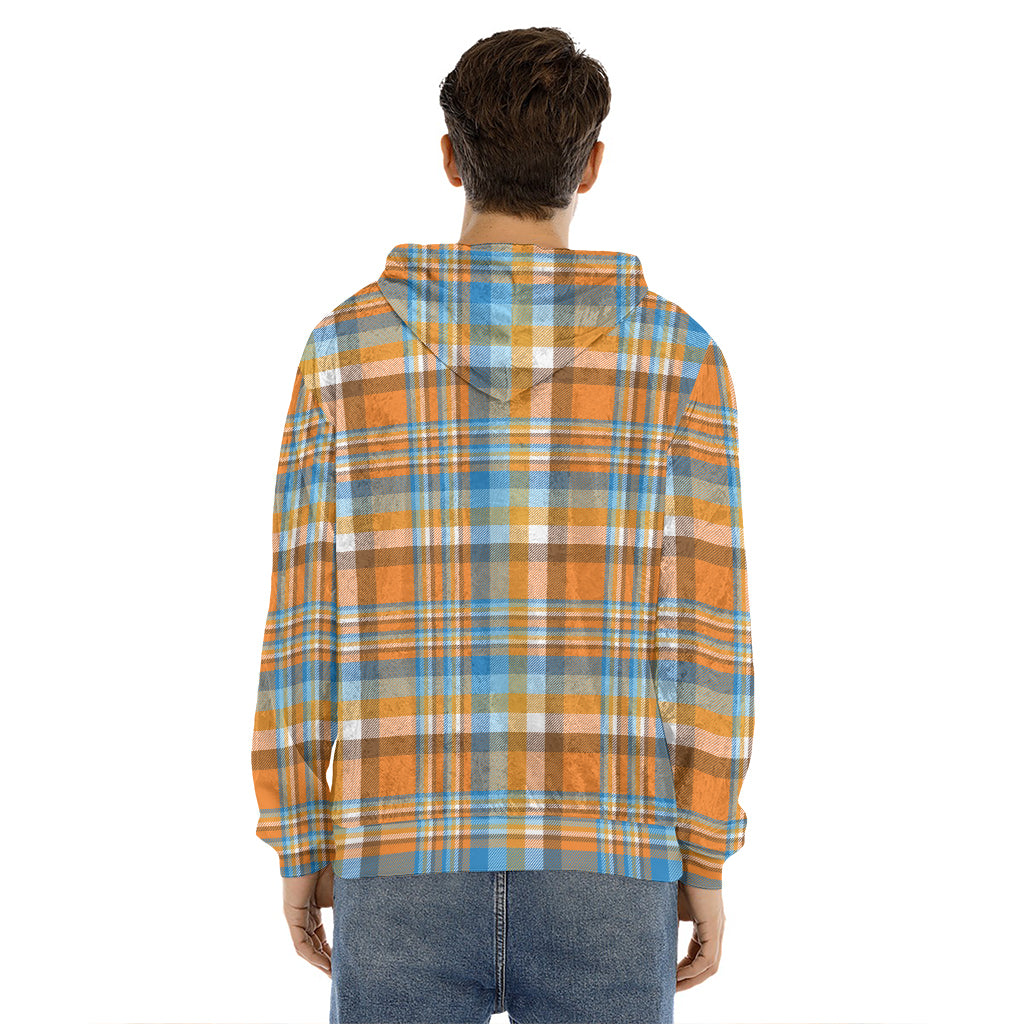 Orange And Blue Madras Pattern Print Men's Velvet Pullover Hoodie