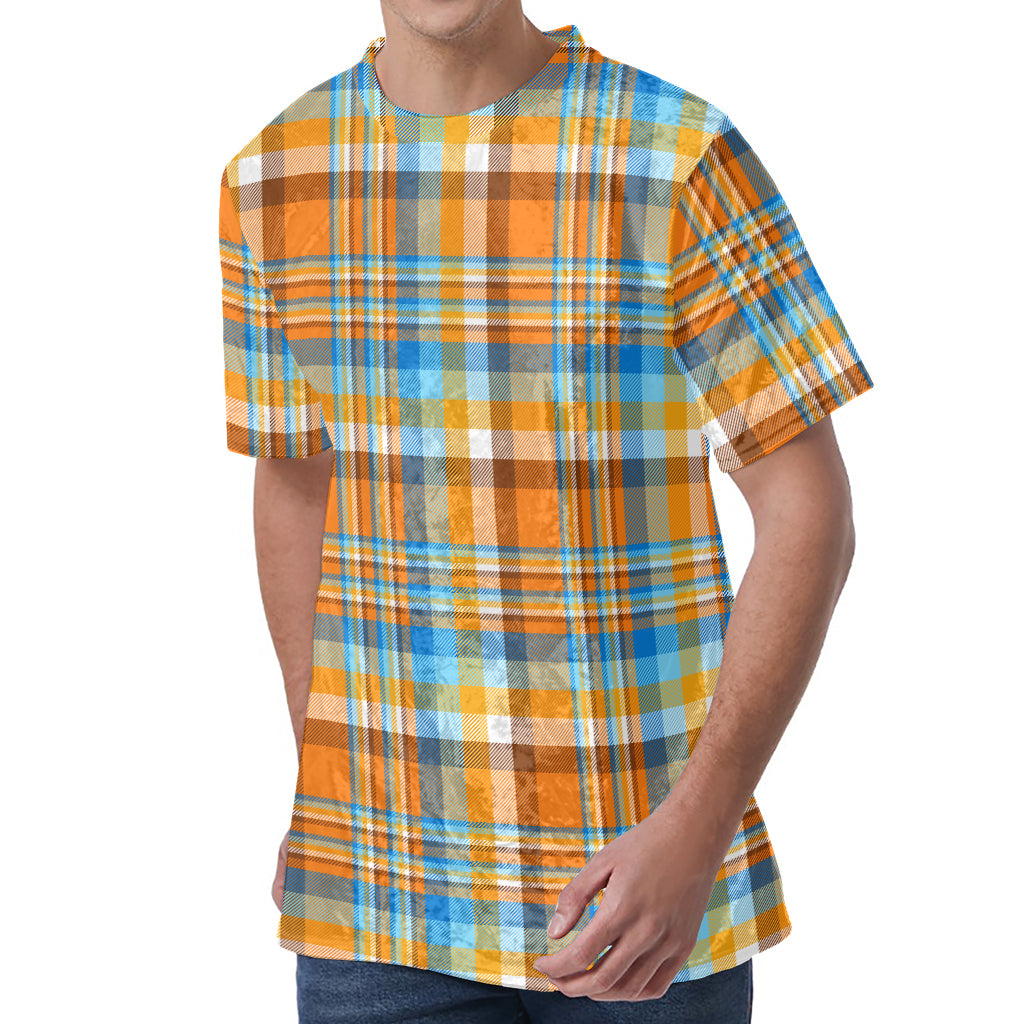 Orange And Blue Madras Pattern Print Men's Velvet T-Shirt