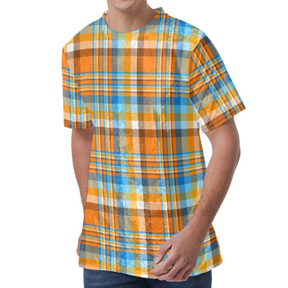 Orange And Blue Madras Pattern Print Men's Velvet T-Shirt