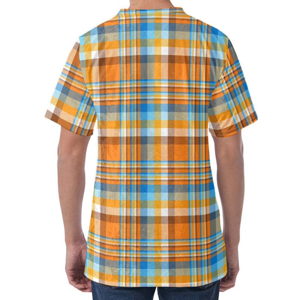 Orange And Blue Madras Pattern Print Men's Velvet T-Shirt