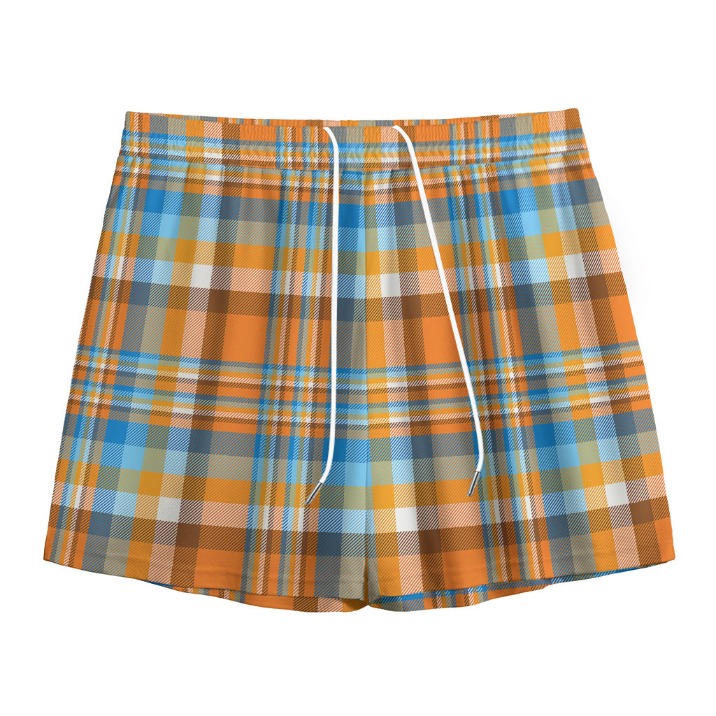 Orange And Blue Madras Pattern Print Mesh Shorts