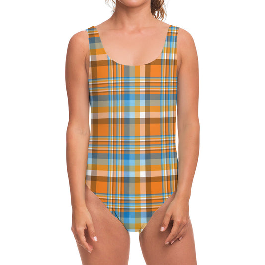 Orange And Blue Madras Pattern Print One Piece Swimsuit