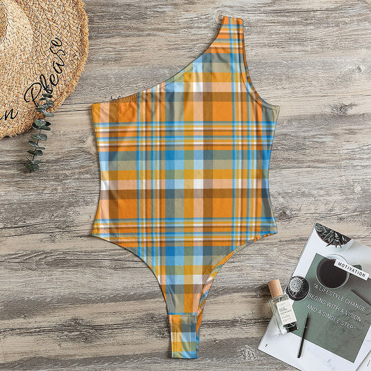 Orange And Blue Madras Pattern Print One Shoulder Bodysuit