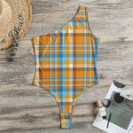 Orange And Blue Madras Pattern Print One Shoulder Bodysuit