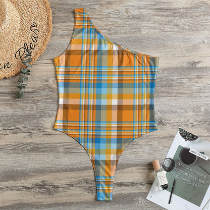 Orange And Blue Madras Pattern Print One Shoulder Bodysuit