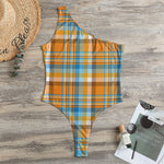 Orange And Blue Madras Pattern Print One Shoulder Bodysuit