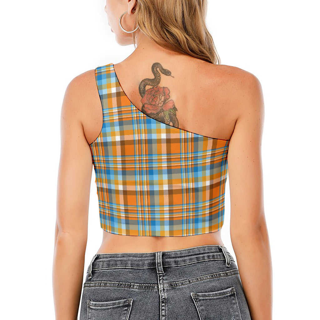 Orange And Blue Madras Pattern Print One Shoulder Crop Top