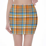 Orange And Blue Madras Pattern Print Pencil Mini Skirt
