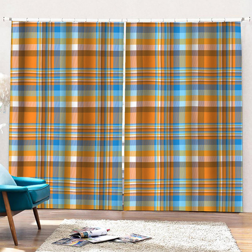 Orange And Blue Madras Pattern Print Pencil Pleat Curtains