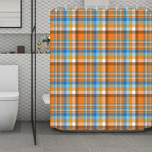 Orange And Blue Madras Pattern Print Polyester Shower Curtain