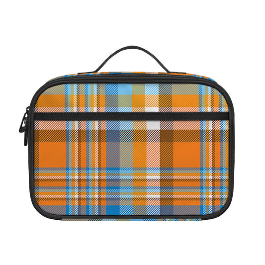 Orange And Blue Madras Pattern Print Portable Lunch Bag