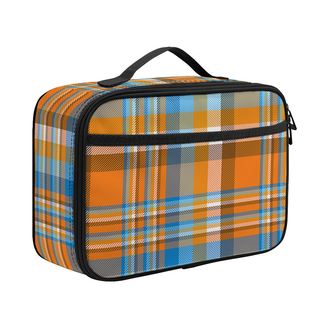 Orange And Blue Madras Pattern Print Portable Lunch Bag