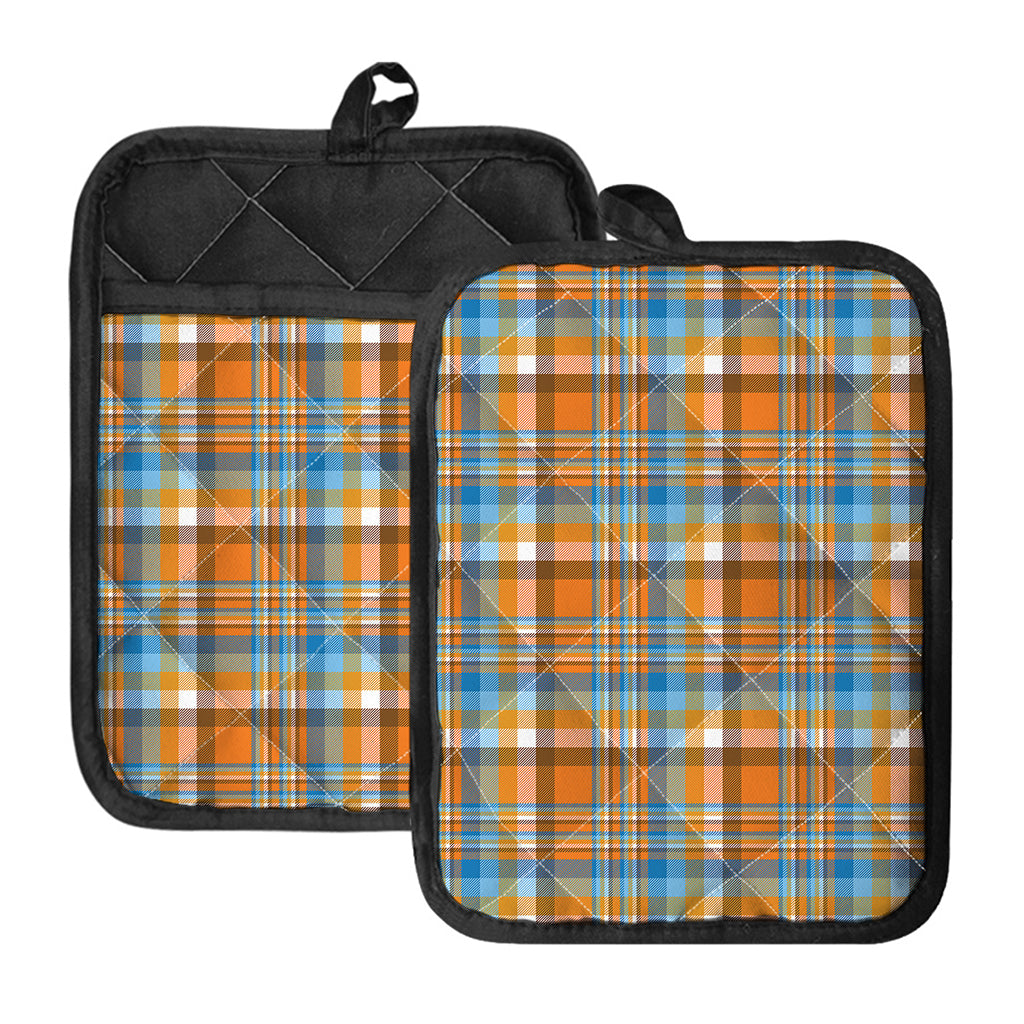 Orange And Blue Madras Pattern Print Pot Holders With Pocket