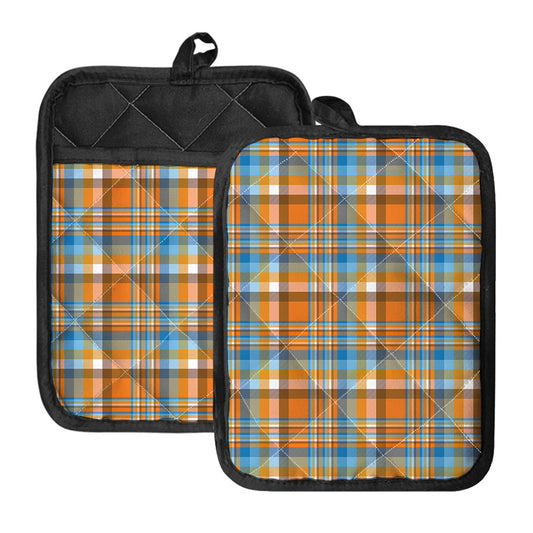 Orange And Blue Madras Pattern Print Pot Holders With Pocket