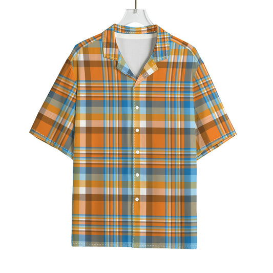 Orange And Blue Madras Pattern Print Rayon Hawaiian Shirt