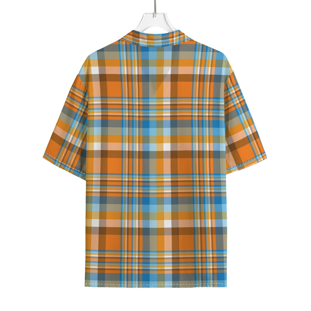 Orange And Blue Madras Pattern Print Rayon Hawaiian Shirt