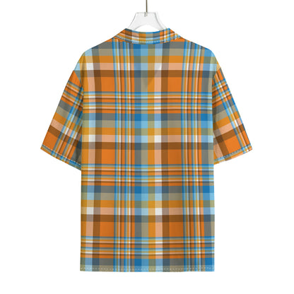 Orange And Blue Madras Pattern Print Rayon Hawaiian Shirt