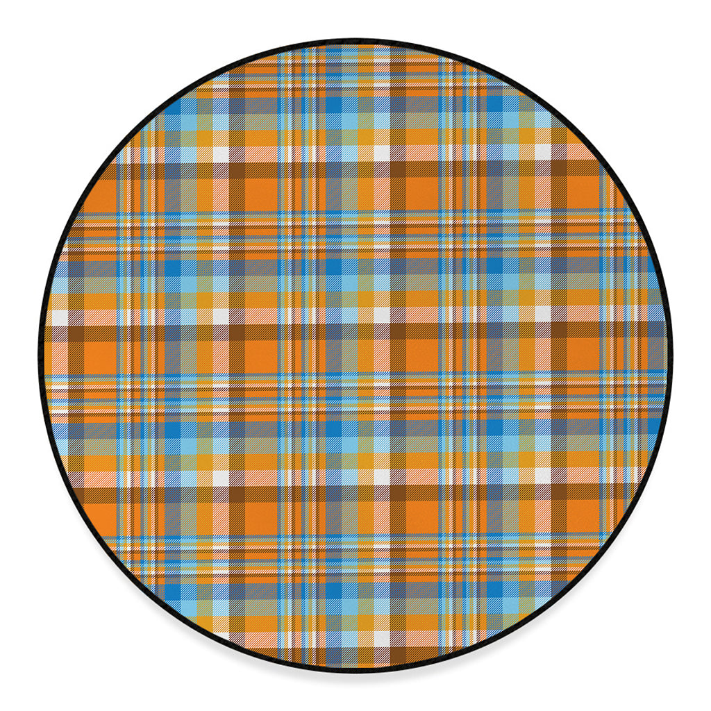Orange And Blue Madras Pattern Print Round Floor Mat