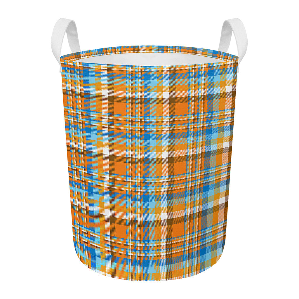 Orange And Blue Madras Pattern Print Round Laundry Basket