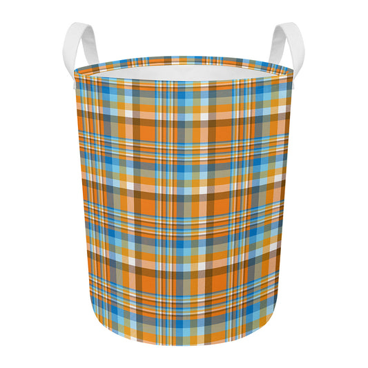 Orange And Blue Madras Pattern Print Round Laundry Basket