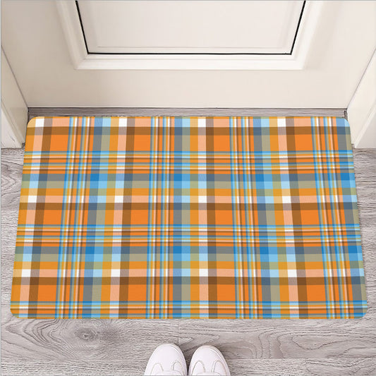 Orange And Blue Madras Pattern Print Rubber Doormat