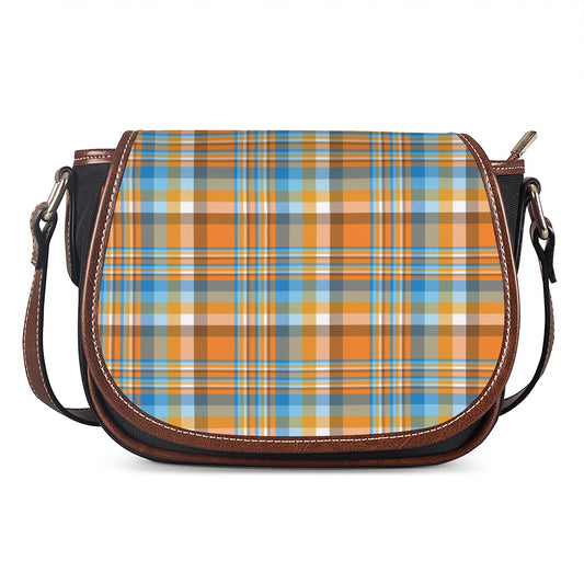 Orange And Blue Madras Pattern Print Saddle Bag