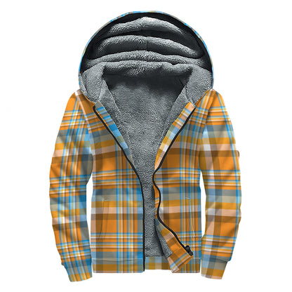 Orange And Blue Madras Pattern Print Sherpa Lined Zip Up Hoodie